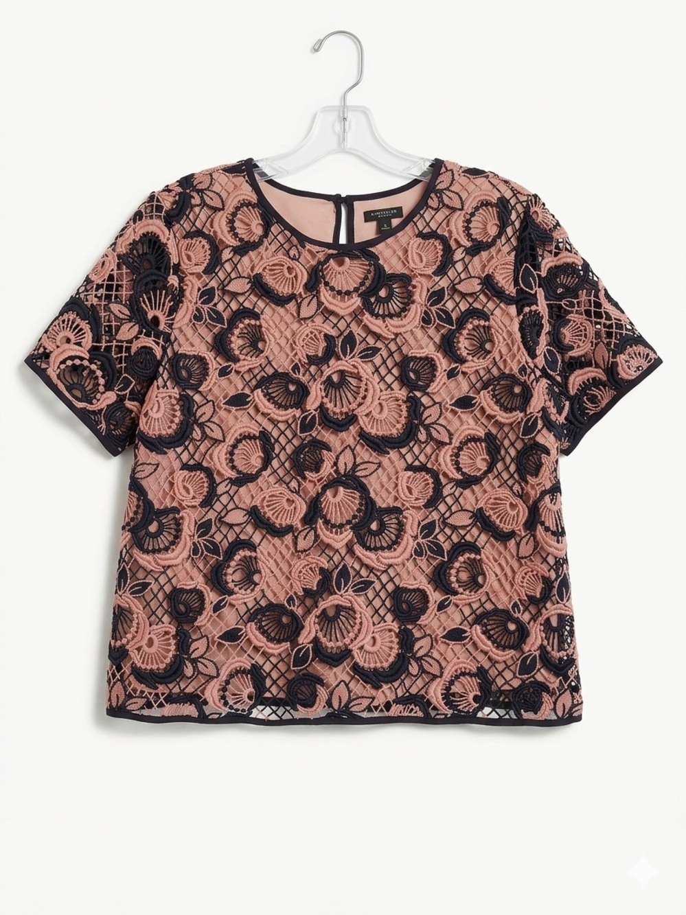 Ann Taylor Peach-Pink Lace Overlay Top with Black Floral Accents